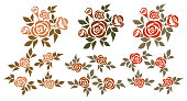 Vector set of isolated bouquets of roses and design elements.