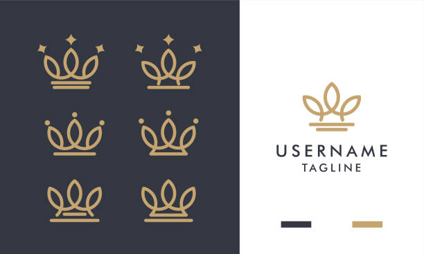 illustrations, cliparts, dessins animés et icônes de ensemble de couronnes d’or royal icône et logo design avec le style d’art de ligne - couronne