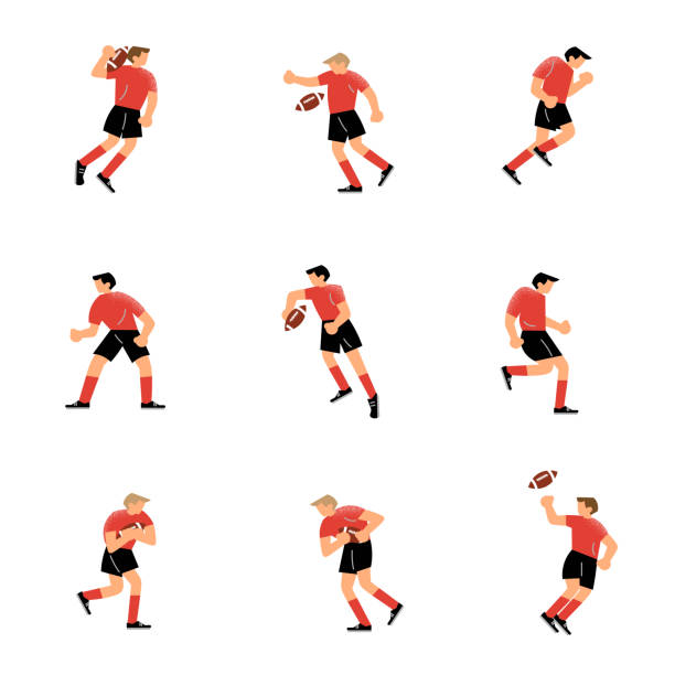 Set of rugby team player characters in different action poses. Vector illustration in flat cartoon style. Collection set of rugby team players wearing red t-shirts in different action poses playing, kicking, training and practicing. Isolated vector icon illustration on white background in cartoon style. rugby ball stock illustrations