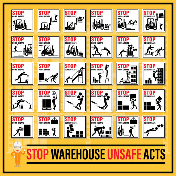 ilustrações de stock, clip art, desenhos animados e ícones de set of safety signs and symbols of warehouse unsafe acts, stop doing unsafe act, fault of the persons engaged in warehouse work. - forklift