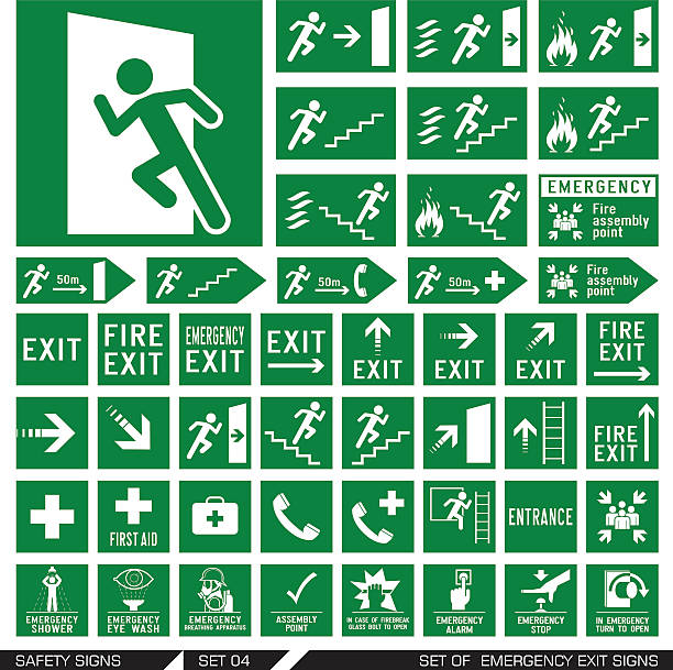 Set of safety signs. Exit signs. Set of emergency exit signs. Collection of warning signs. Vector illustration. Signs of danger. Signs of alerts. evacuation stock illustrations