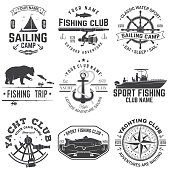 Set of sailing camp and fishing club badges. Vector illustration. Concept for shirt, print, stamp or tee. Vintage typography design with fish rod and sailing boat silhouette. Extreme water sport.