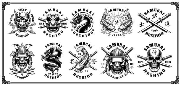 Set of samurai emblems on white background Set of vintage samurai warrior emblems, badges, icons, shirt designs. Text is on the separate layer. VERSION FOR WHITE BACKGROUND. skulls tattoos stock illustrations