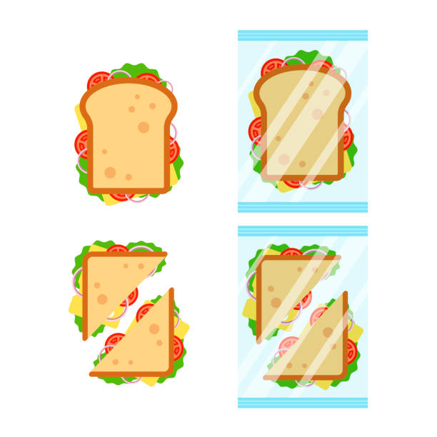 ilustrações de stock, clip art, desenhos animados e ícones de set of sandwiches top view with tomato, onion, salad, cheese isolated on white background. sandwich triangle and rectangle in transparent packaging, snack for breakfast and lunch, flat vector illustration - sandwich