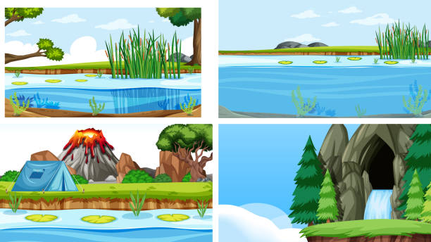 Set of scenes in nature setting Set of scenes in nature setting illustration pond stock illustrations