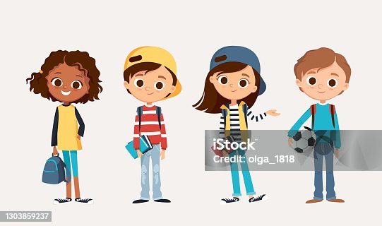 istock Set of school kids. Pupils with books and backpacks smiling. 1303859237