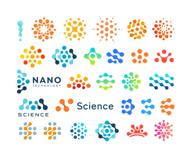 набор шаблонов логотипов науки, творческие пунктирные логотипы, современные абстрактные формы, коллекция векторных эмблем - science stock illustrations