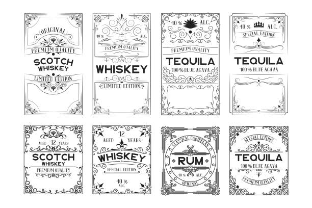Set of scotch whiskey, tequila, rum labels. Vintage alcohol frames for bottles with lettering. Set of scotch whiskey, tequila, rum labels. Vintage alcohol frames for bottles with lettering. alcohol drink borders stock illustrations