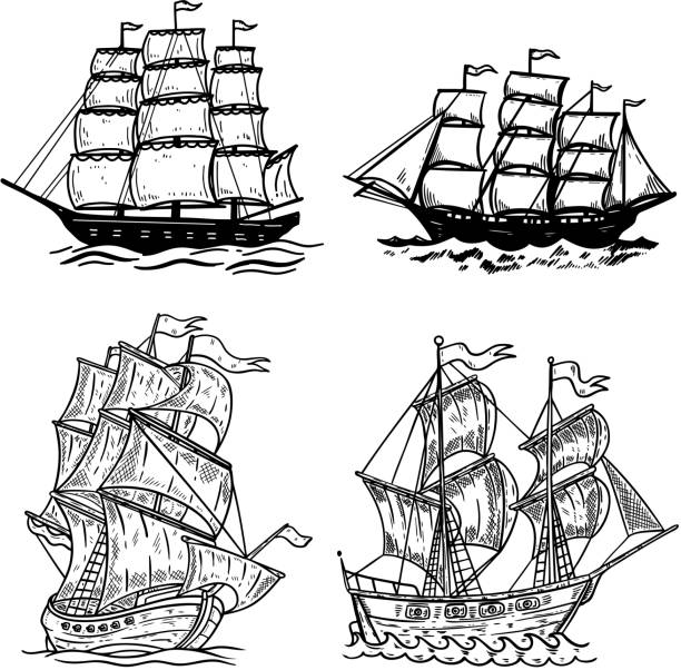 海船のイラストが白い背景で隔離のセットです。ポスター、t シャツ、カード、紋章、記号、バッジのデザイン要素 - 帆船点のイラスト素材／クリップアート素材／マンガ素材／アイコン素材