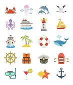 Nautical design flat cartoon icons, including ship, lighthouse, boat, anchor, marine creatures, isolated on white background.
