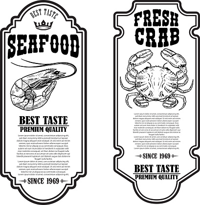 Set of seafood flyers with crab and shrimp illustrations. Design element for poster, banner, sign, emblem. Vector illustration