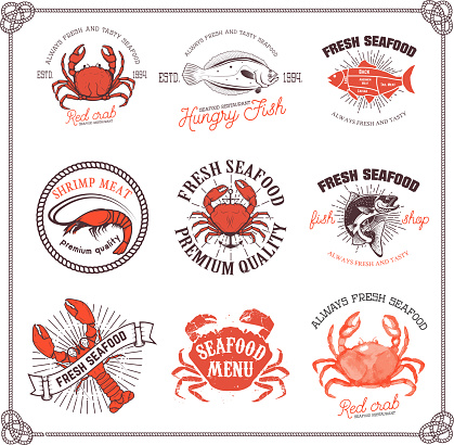 Set of seafood labels isolated on white background.