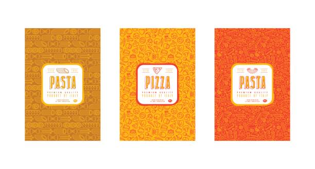Set of seamless pattern and template labels for pizza and pasta Set of seamless pattern and template labels for pizza and pasta. Design elements in thin line style pasta designs stock illustrations