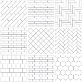 Set of nine seamless patterns. Simple schemes that imitate different materials - brickwork, parquet and tiles.