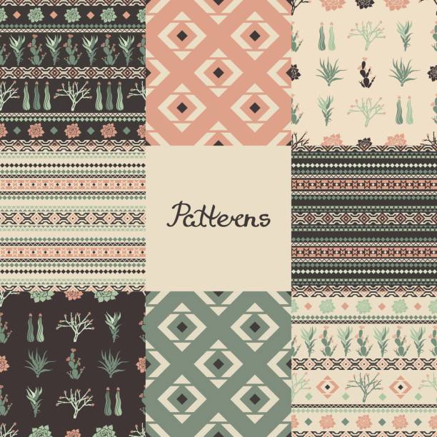 Set of seamless patterns with geometric shapes, succulents and cacti. Eight textures. Vector illustration. Set of seamless patterns with geometric shapes, succulents and cacti. Eight textures. Vector illustration. desert area backgrounds stock illustrations