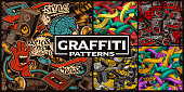 Set of seamless patterns with graffiti art. Fashion backgrounds with doodle characters.