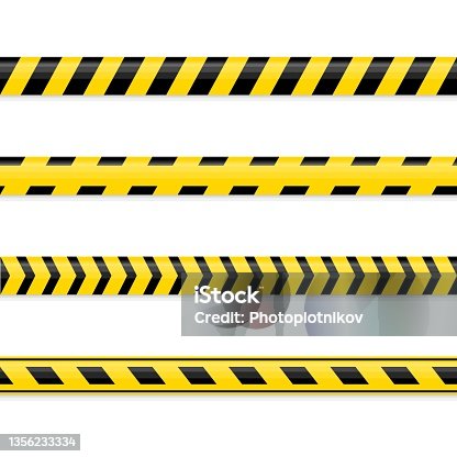 istock Set of seamless yellow and black warning tapes isolated on white background. Police insulation line, signs of danger, do not cross, warning, caution. Barricade construction tape. Vector illustration 1356233334