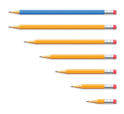 Set of seven pencils on white background