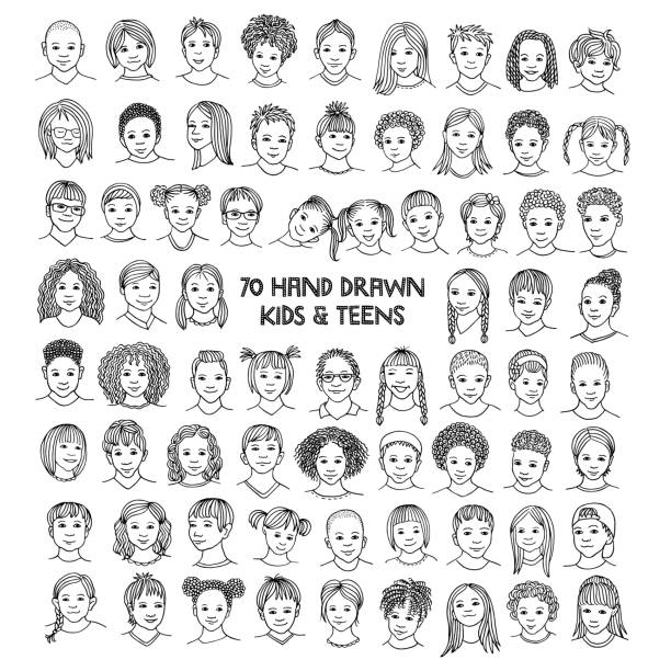 Set of seventy hand drawn children's faces Diverse portraits of kids and teens of different ethnicities, black and white ink illustration avatar drawings stock illustrations