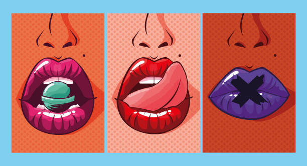 stockillustraties, clipart, cartoons en iconen met set van sexy vrouw monden pop art stijl - plakband mond