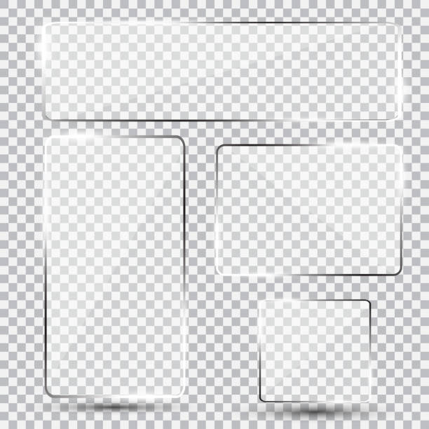 Set of shiny glass plate Set of shiny glass plate. Clear glass showcase on a trasnparent background. Realistic window, phone protective film, mirror mockup. door borders stock illustrations