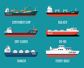 Set of ships in modern flat style. High quality delivery and shipping boats illustration. Set of container ship, bulker, ro-ro, tanker, dry cargo, ferry boat. Vector illustration isolated on a blue background.