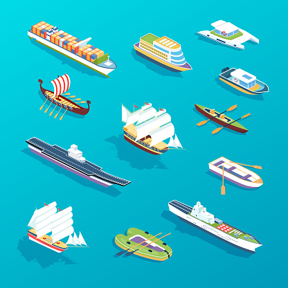 Set of ships. Water transport for travel, trip, vacation, transportation.