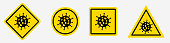 istock Set of signs of the possibility of infection with a virus. Danger. Do not enter. Icon sign of the virus on a yellow background with edging. Variations of rhombic, round, square and triangular signs. Vector illustration on a white, isolated background. 1411047976