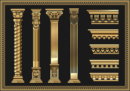 Set of silhouettes classic vintage golden capitals