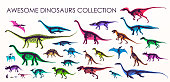 Set of silhouettes, dino skeletons, dinosaurs, fossils. Hand drawn vector illustration. Realistic Sketch collection: diplodocus, triceratops, tyrannosaurus, doodle pattern...