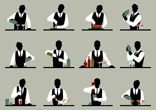 Set of silhouettes of a bartender prepares cocktails Stock vector illustration Set of silhouettes of a bartender prepares cocktails Stock vector illustration cocktail silhouettes stock illustrations