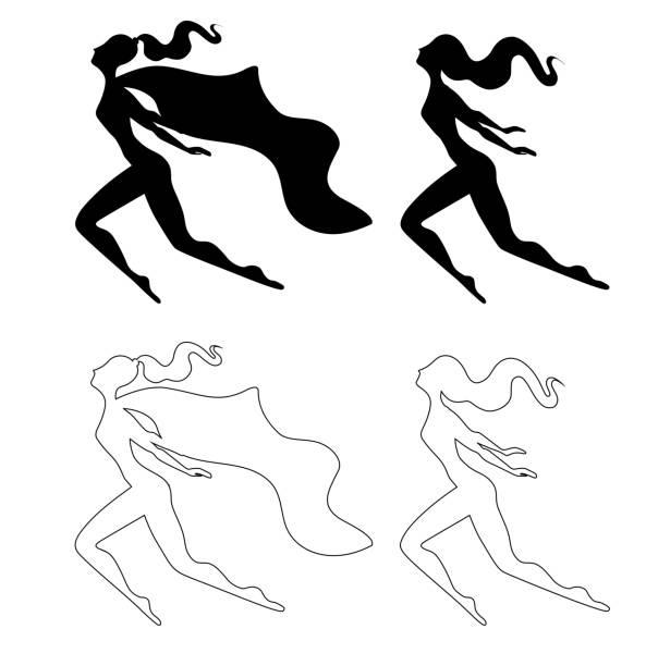 Set of silhouettes of flying super women. Black and contour figures of girls with capes. Outlines of people isolated on a white background. Feminism and girl power. Vector element Set of silhouettes of flying super women. Black and contour figures of girls with capes. Outlines of people isolated on a white background. Feminism and girl power. Vector element for icons, logos. black superwoman stock illustrations
