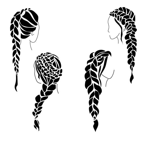 stockillustraties, clipart, cartoons en iconen met reeks silhouetten van kapsels van vrouwen met het vlechten, volumineuze vlechten op lang haar - hair braid