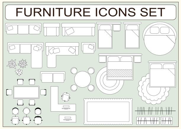 Set of simple furniture vector icons as design elements Set of simple furniture vector icons as design elements - sofa, table, computer desk, carpet, wardrobe, bed, chair, plants, armchair. Top view. EPS8 bed furniture icons stock illustrations