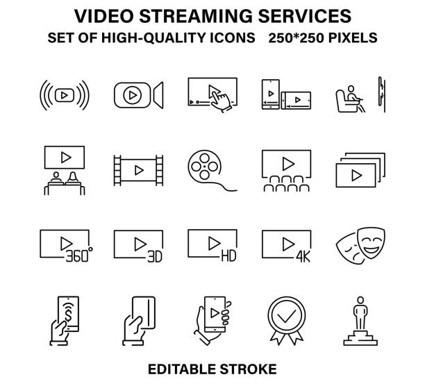 stockillustraties, clipart, cartoons en iconen met een set eenvoudige lineaire pictogrammen voor streaming videodiensten en online bioscopen. - film kijken icoon