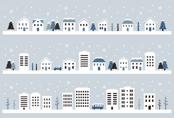 set of simple winter town and city The file is vector eps 10 illustration. winter silhouettes stock illustrations