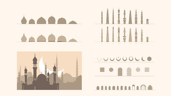 A set of simplified Islamic architecture elements of mosque minarets, domes, doors, crescents and patterns