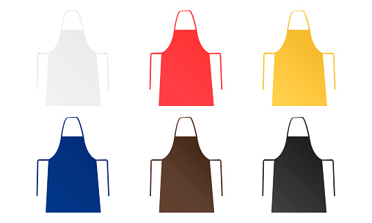 Set of six blank aprons isolated