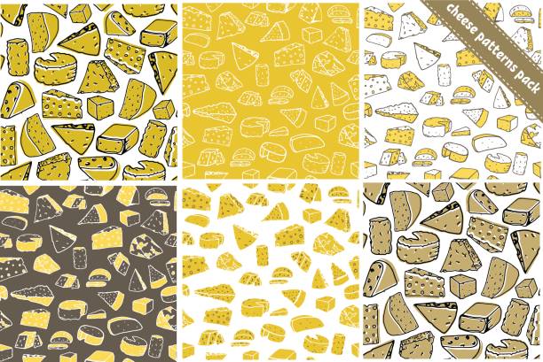 Set of six cheese seamless pattern. Set of six cheese seamless pattern. Cheese vector hand drawn texture cheese backgrounds stock illustrations