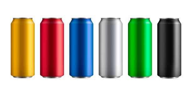 satz von sechs verschiedenen farbigen isolierte aluminium-dosen mit einem getränk - dose stock-grafiken, -clipart, -cartoons und -symbole