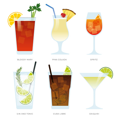 Set of six popular cocktails. Set of alcoholic drinks with Bloody Mary, Pina Colada,Spritz, Gin Tonic, Cuba libre and Daiquiri.