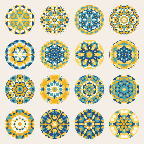 ilustraciones, imágenes clip art, dibujos animados e iconos de stock de conjunto de dieciséis rondas azul amarillo mandala caleidoscopio adornos geométricos - kaleidoscope
