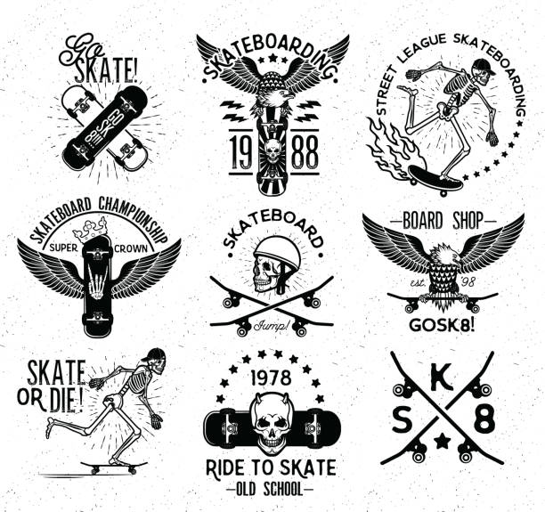 illustrations, cliparts, dessins animés et icônes de ensemble d'étiquettes et d'insignes de planche à roulettes. squelette de planche à roulettes. - skate board