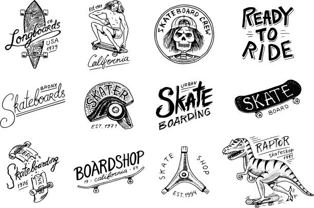 stockillustraties, clipart, cartoons en iconen met set van skateboarding etiketten logo. vectorillustratie met skelet voor schaatser. stedenbouwkundig ontwerp voor badges, emblemen t-shirt typografie. gegraveerde hand getrokken schets in zwart-wit vintage stijl. - skateboard