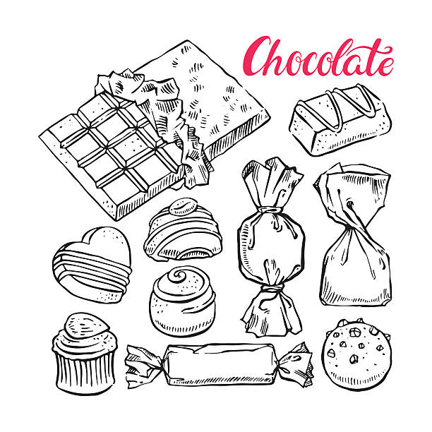 set of sketch chocolate candies beautiful set of different sketch chocolate candies. hand-drawn illustration candy drawings stock illustrations