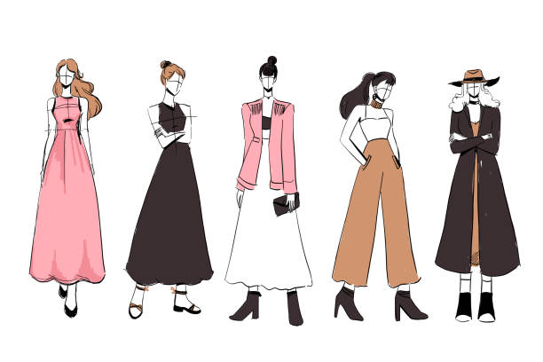 Set of Sketches of beautiful and diverse female fashion outfits. vector art illustration