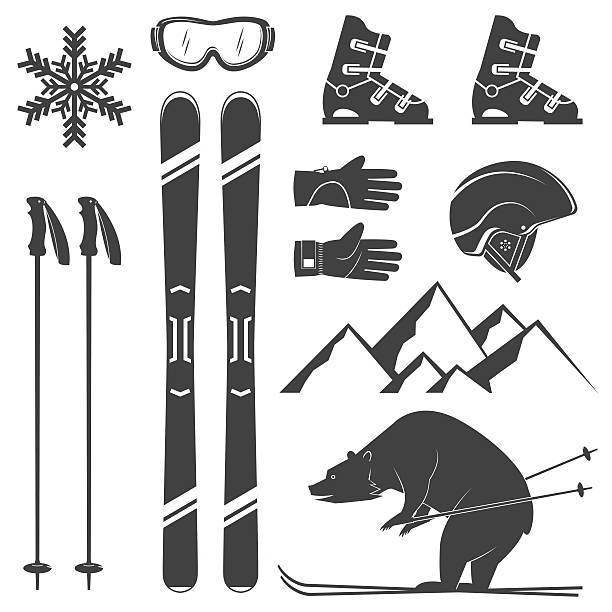 bildbanksillustrationer, clip art samt tecknat material och ikoner med set of skiing equipment silhouette icons. - skidled