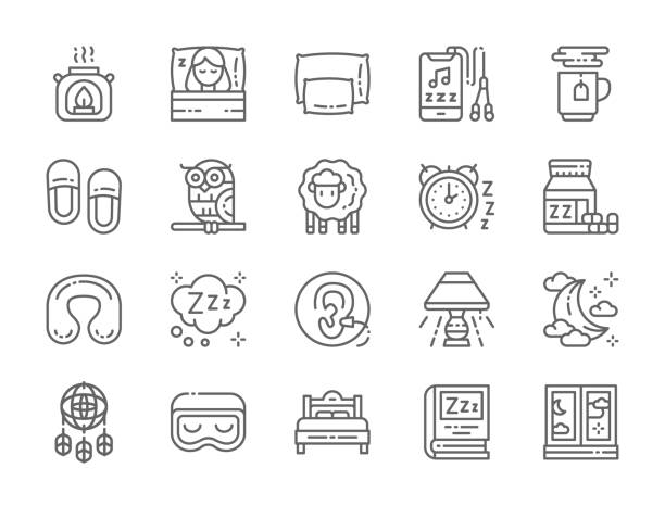 Set of Sleep Line Icons. Aroma Lamp, Bed, Pillow,  Moon, Dreamcatcher and more. Set of Sleep Line Icons. Aroma Lamp, Bed, Pillow, Headphone, Hot Tea, Slippers, Clock, Earplugs, Moon, Dreamcatcher and more. sleeping symbols stock illustrations