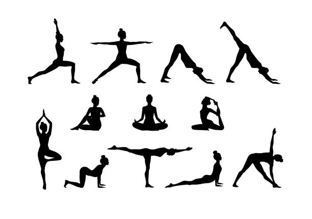 피트니스와 요가 운동을하고 슬림 스포츠 젊은 여성의 세트. 티셔츠 그래픽, 아이콘, 포스터, 인쇄를 위해 흰색 배경에 격리 된 벡터 글리치 오버레이 일러스트 디자인 - yoga stock illustrations