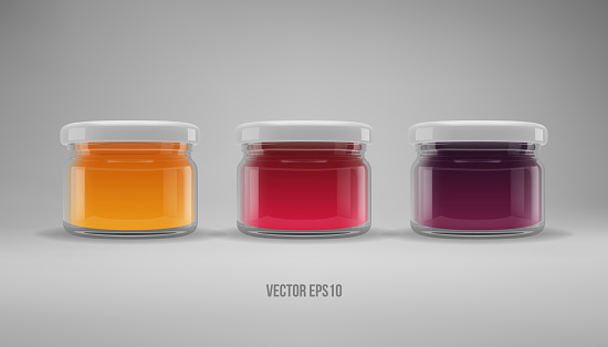 Set of small glass jam jars. Realistic 3D illustration. Vector